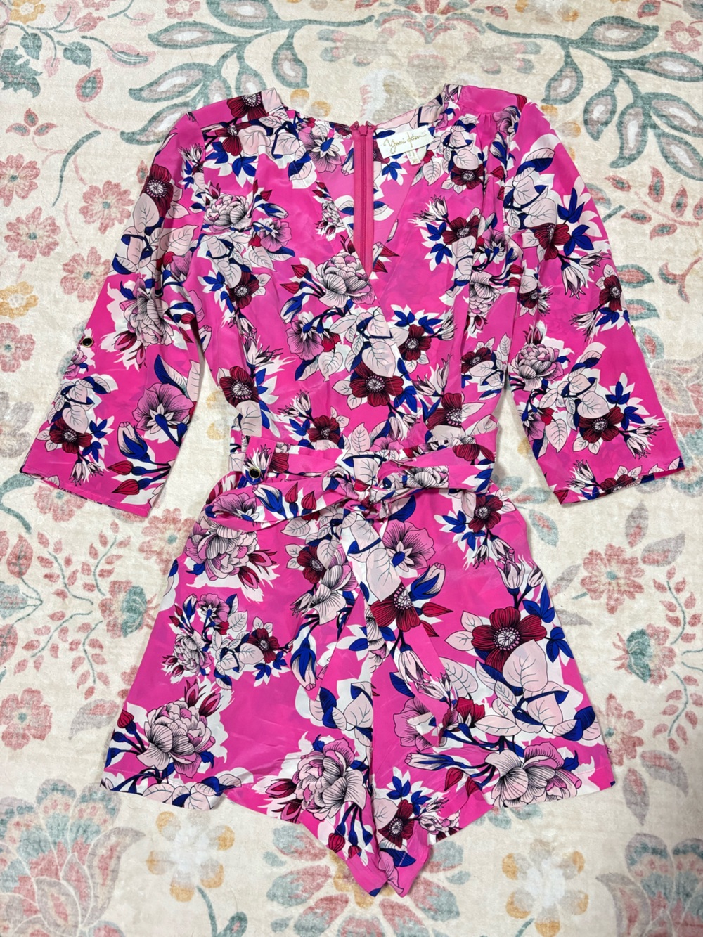Yumi Kim Silk Pink Floral Wrap Long Sleeve Romper